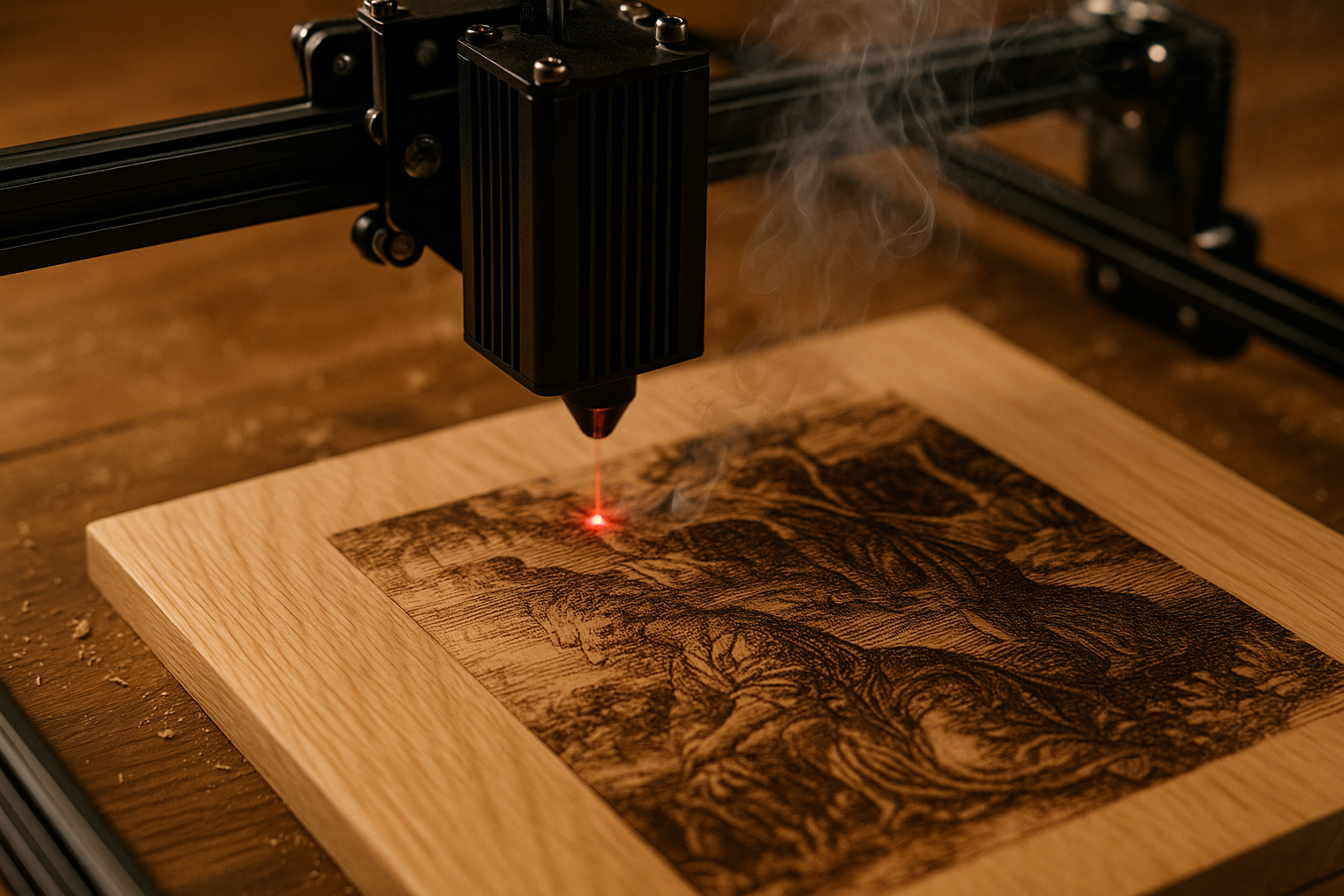 diode laser burning image into wood